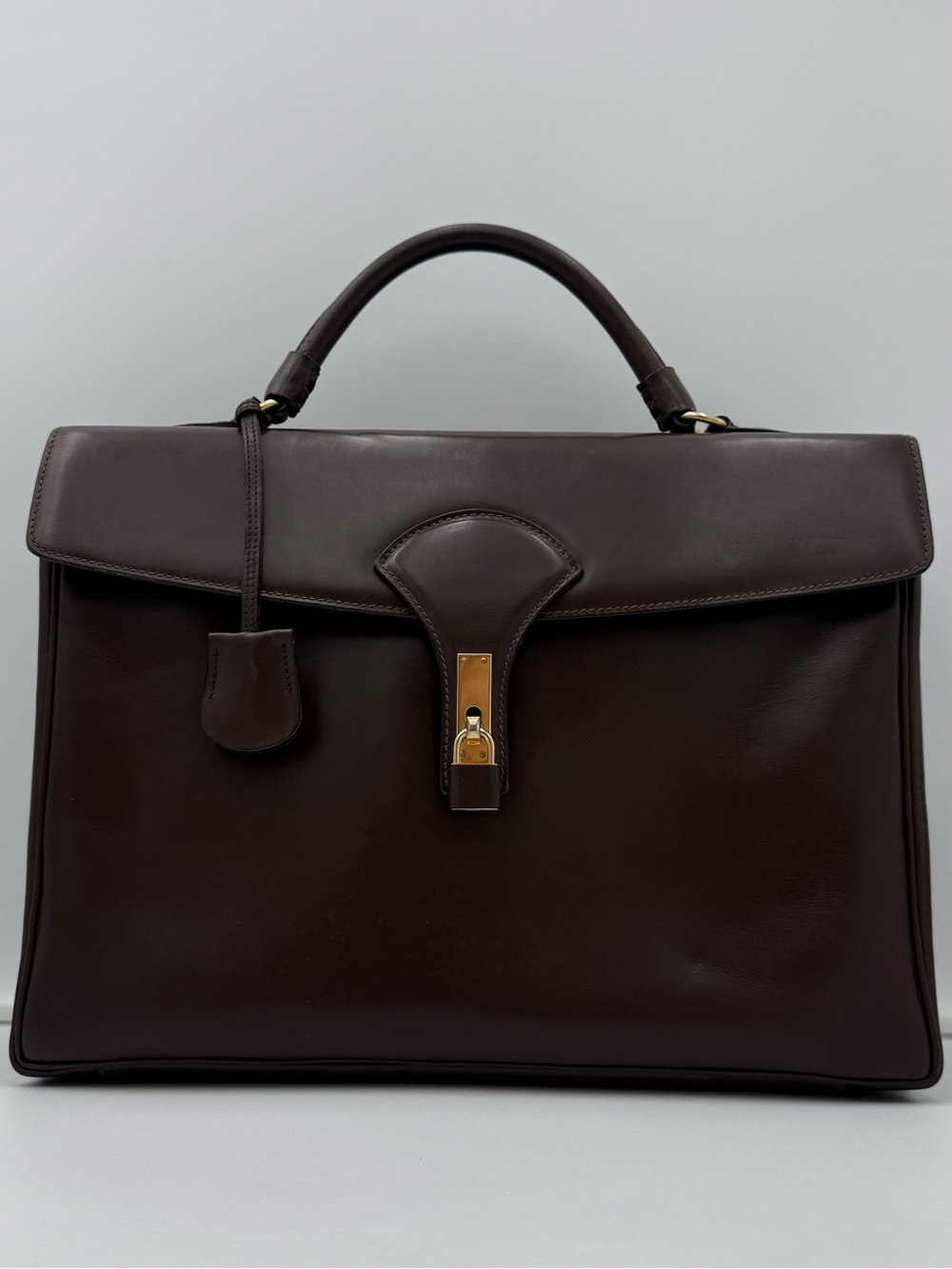 🇮🇹COLOMBO 1937 MILANO • Unisex Brown Box Calf 38 Bag (Kelly Sac à Dépêches Type) - Picture 5 of 16
